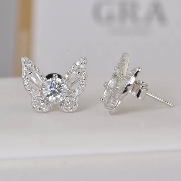 Certified Elegant 1ct Butterfly Moissanite Stud Earrings 925 Sterling - Picture 2 of 5